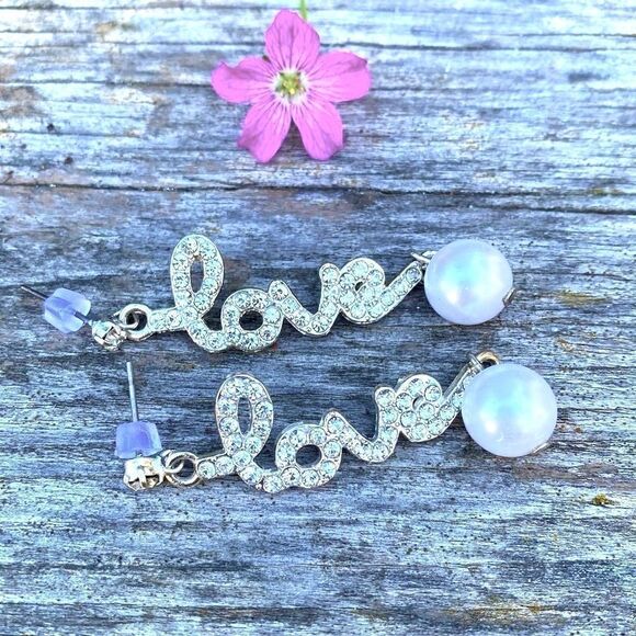Handmade "Love" Earrings w/Rhinestones and Faux Pearl. New! - Picture 3 of 3
